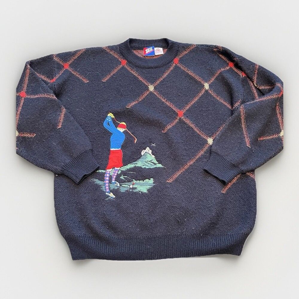 Vtg Tail Sweater Golf Scene Wool Blend Cotton Sweater Men's M Retro